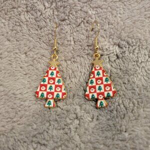 Christmas Trees #1  Womens Earrings One Pair Hanging Red Green Gold Tone E79E
